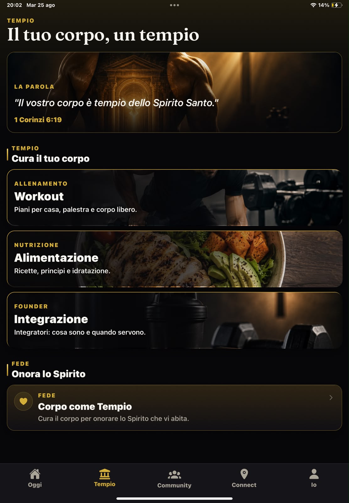 Schermata Tempio: allenamento, alimentazione, integrazione